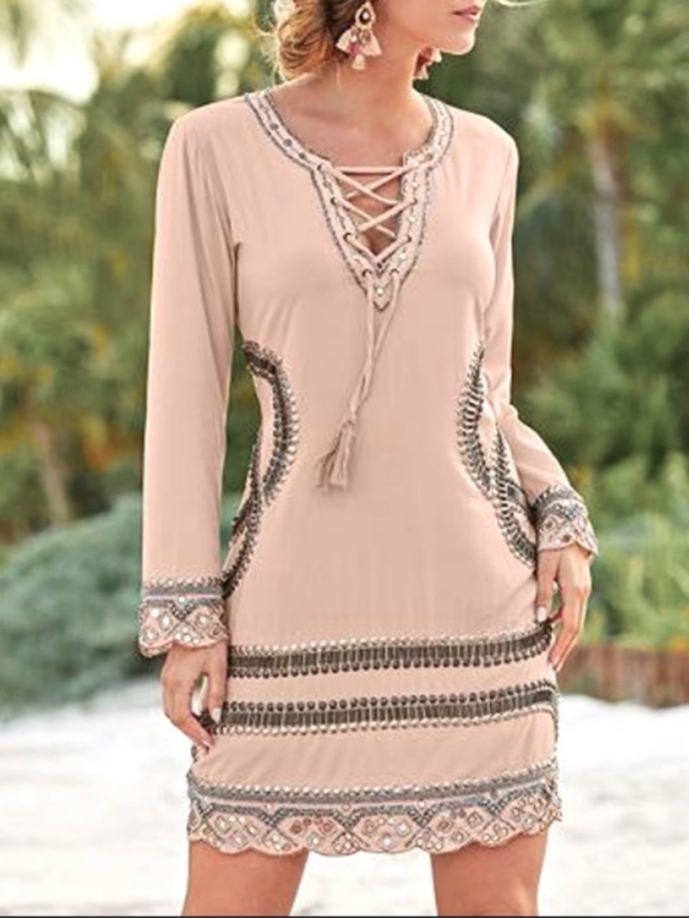 Venus Lace Up Beaded Mini Dress In Camel Size: M, 19” PTP, 35” L, heavy